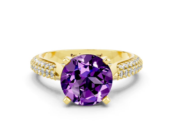 Yellow gold Round Cut Amethyst Solitaire Engagement Ring with Multi-Row Round Pavé Band and Prong Setting