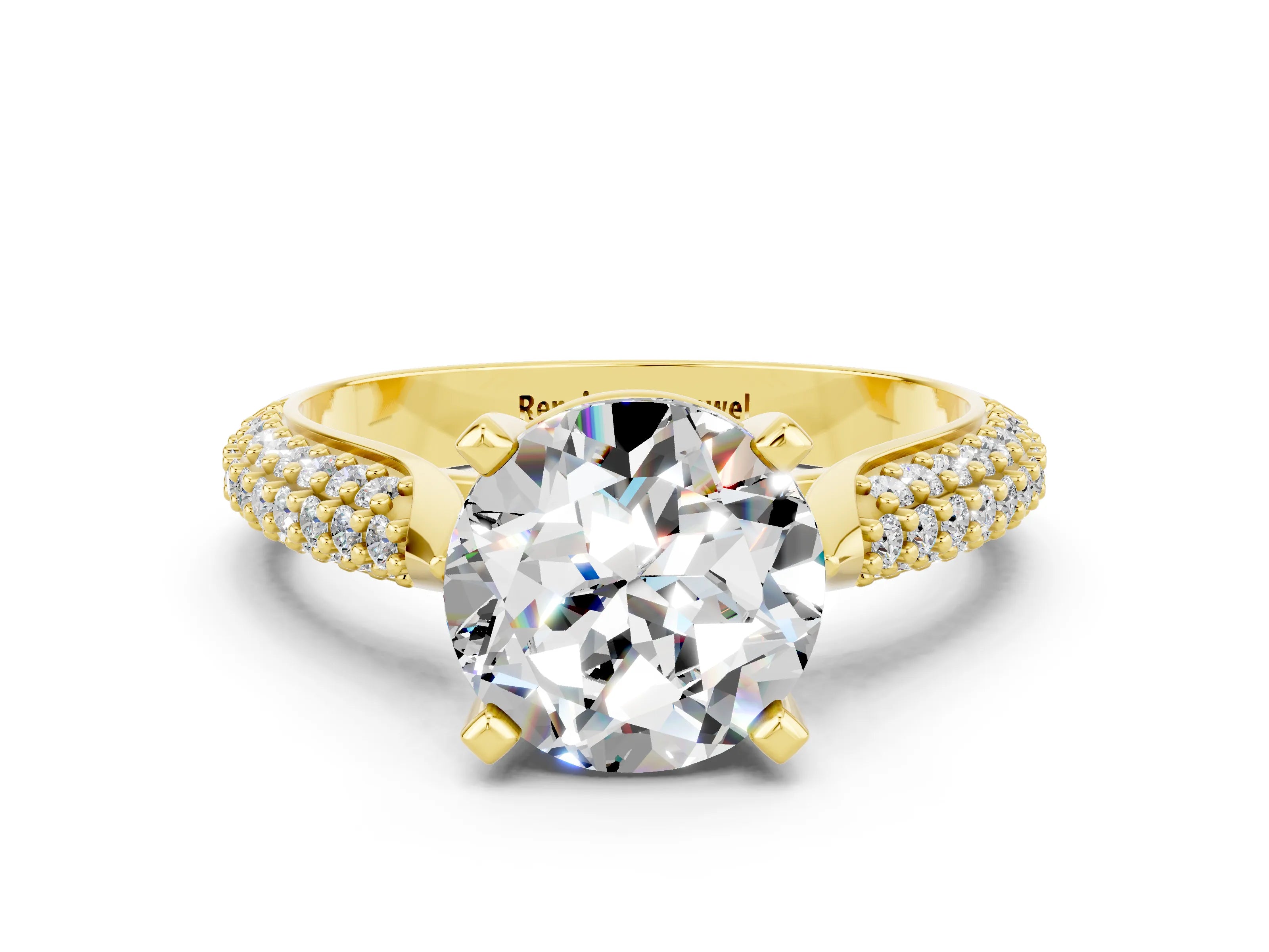 Yellow gold Round Cut Diamond Solitaire Engagement Ring with Pavé Band and Four-Prong Setting