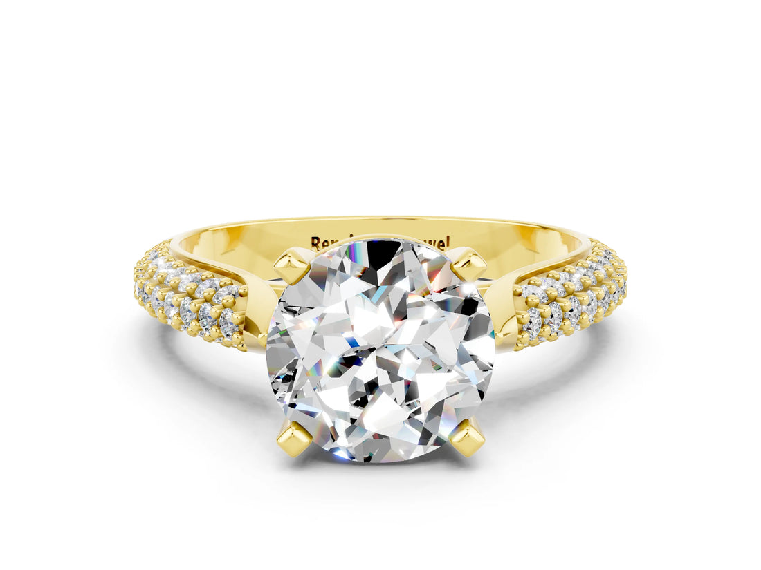 Yellow gold Round Cut Diamond Solitaire Engagement Ring with Pavé Band and Four-Prong Setting