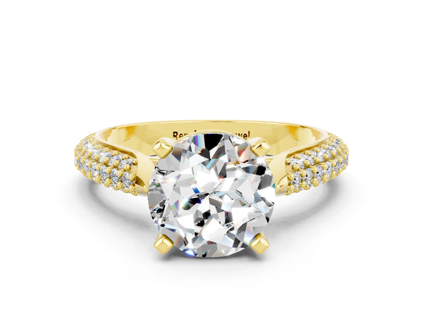 Yellow gold Round Cut Moissanite Solitaire Engagement Ring with Multi-Row Round Pavé Band and Prong Setting