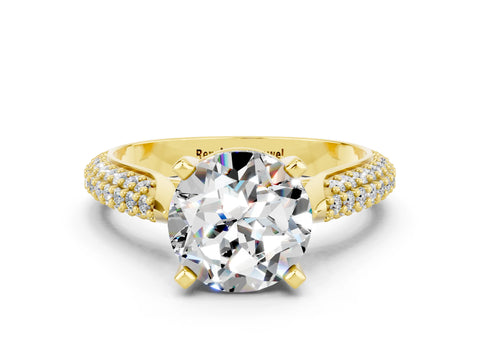 Yellow gold Round Cut Diamond Solitaire Engagement Ring with Pavé Band and Four-Prong Setting
