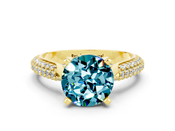 Yellow gold Round Cut Diamond Solitaire Engagement Ring with Pavé Band and Four-Prong Setting