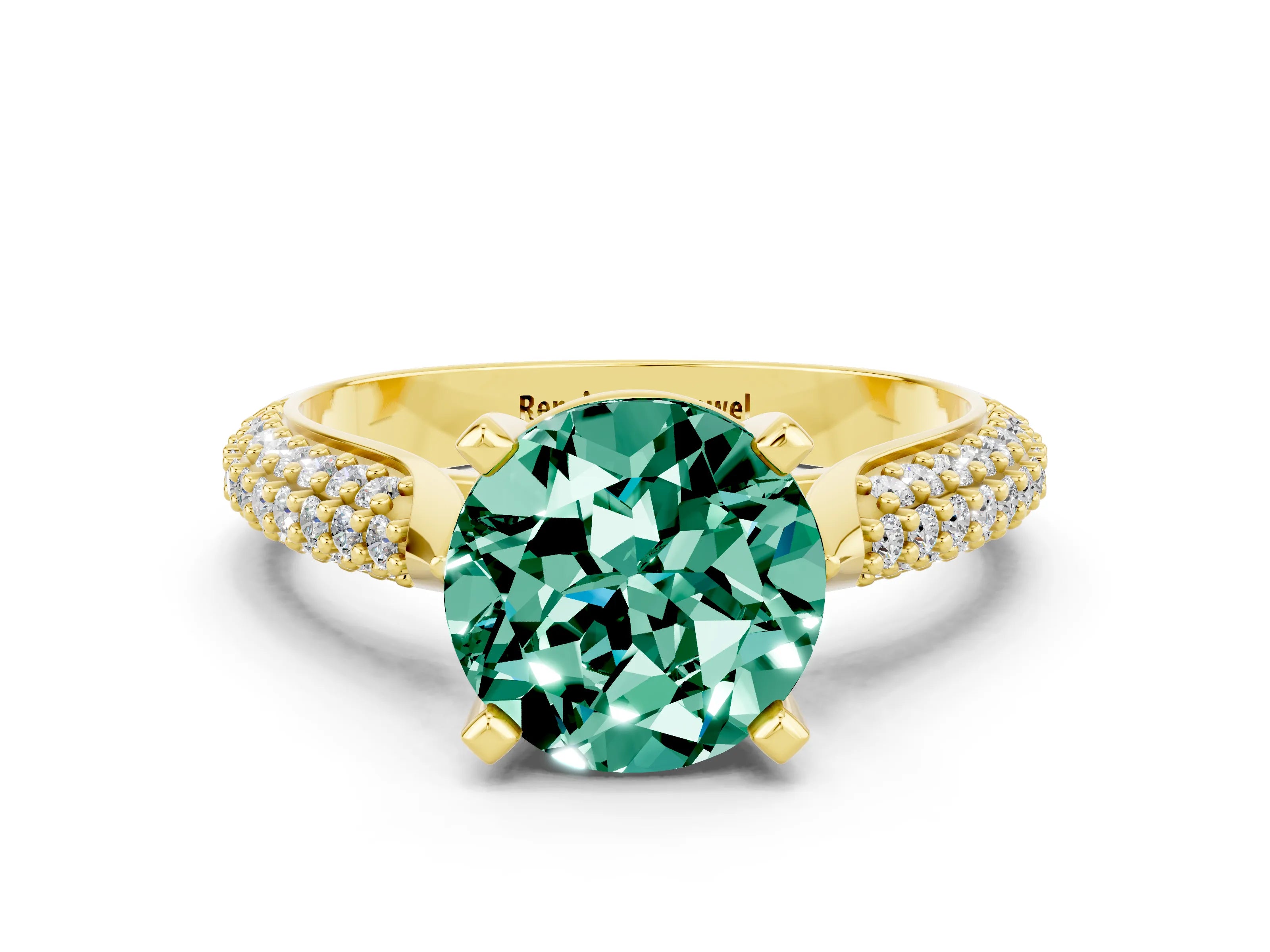 Yellow gold Round Cut Diamond Solitaire Engagement Ring with Pavé Band and Four-Prong Setting