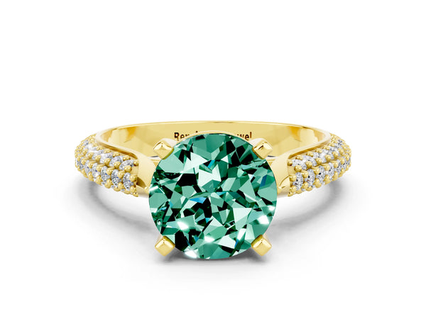 Yellow gold Round Cut Green Sapphire Solitaire Engagement Ring with Multi-Row Round Pavé Band and Prong Setting