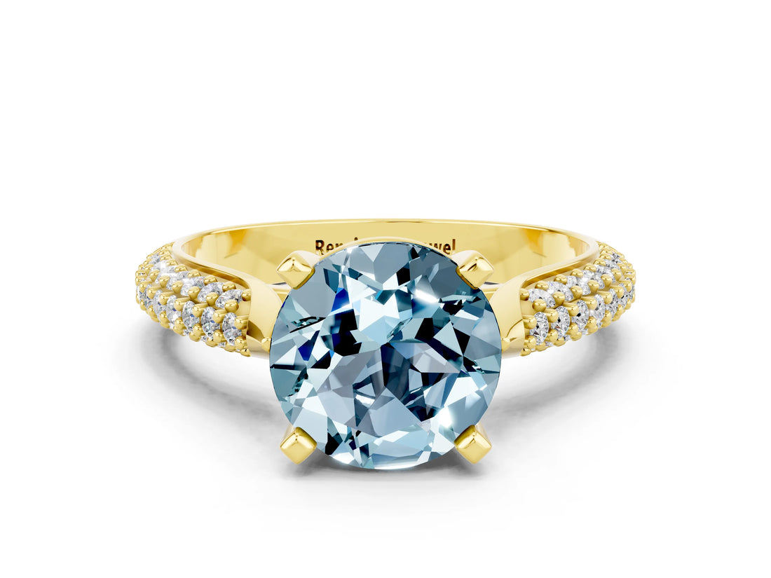 Yellow gold Round Cut Diamond Solitaire Engagement Ring with Pavé Band and Four-Prong Setting