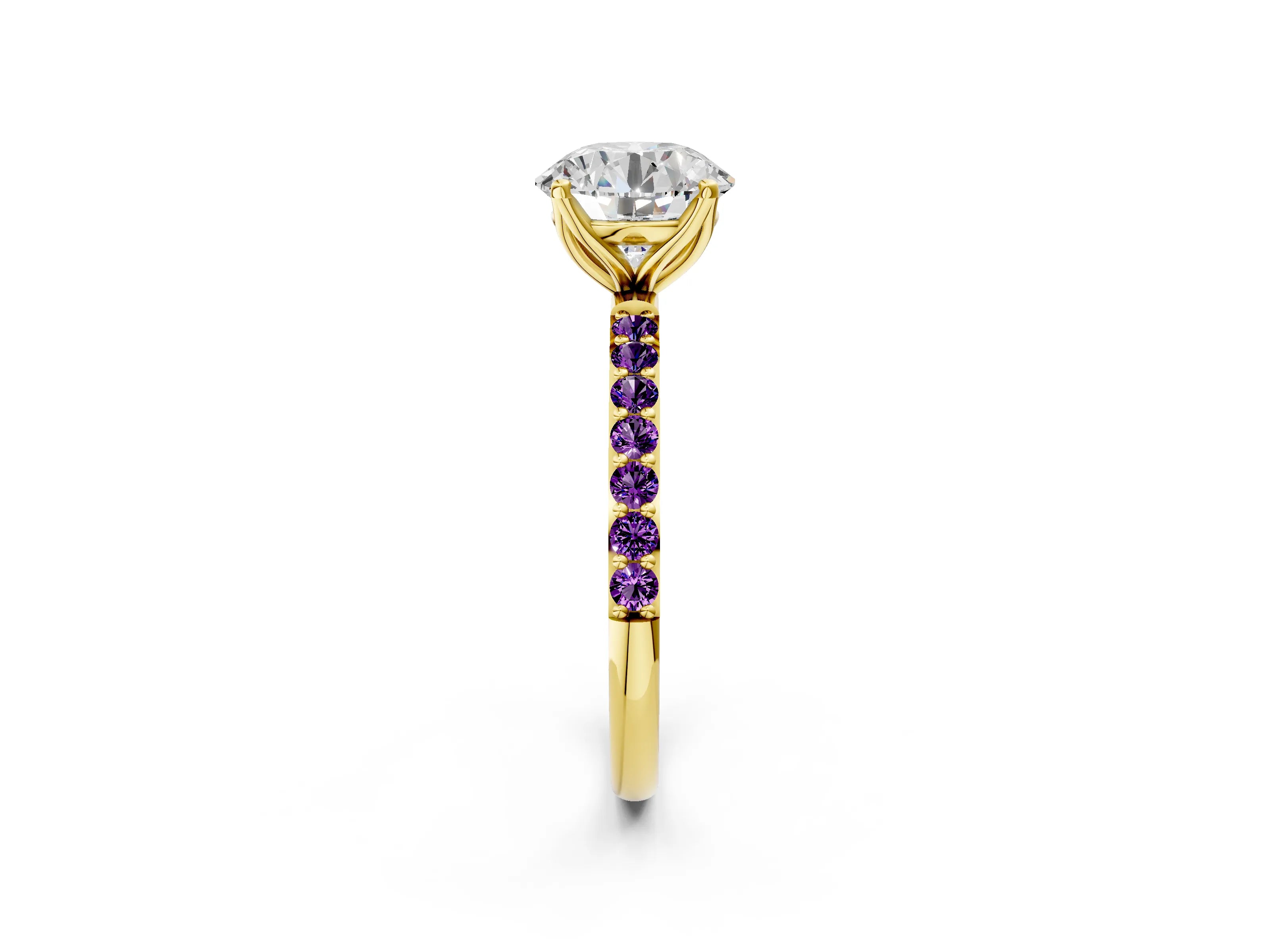 Yellow gold Round Cut Diamond Solitaire Engagement Ring with Round with Amethyst side stone Pavé Band and Prong Setting_2