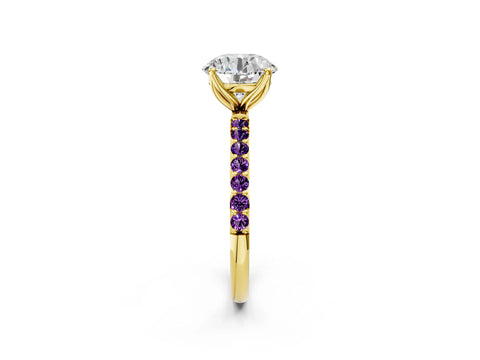 Yellow gold Round Cut Diamond Solitaire Engagement Ring with Round with Amethyst side stone Pavé Band and Prong Setting_2