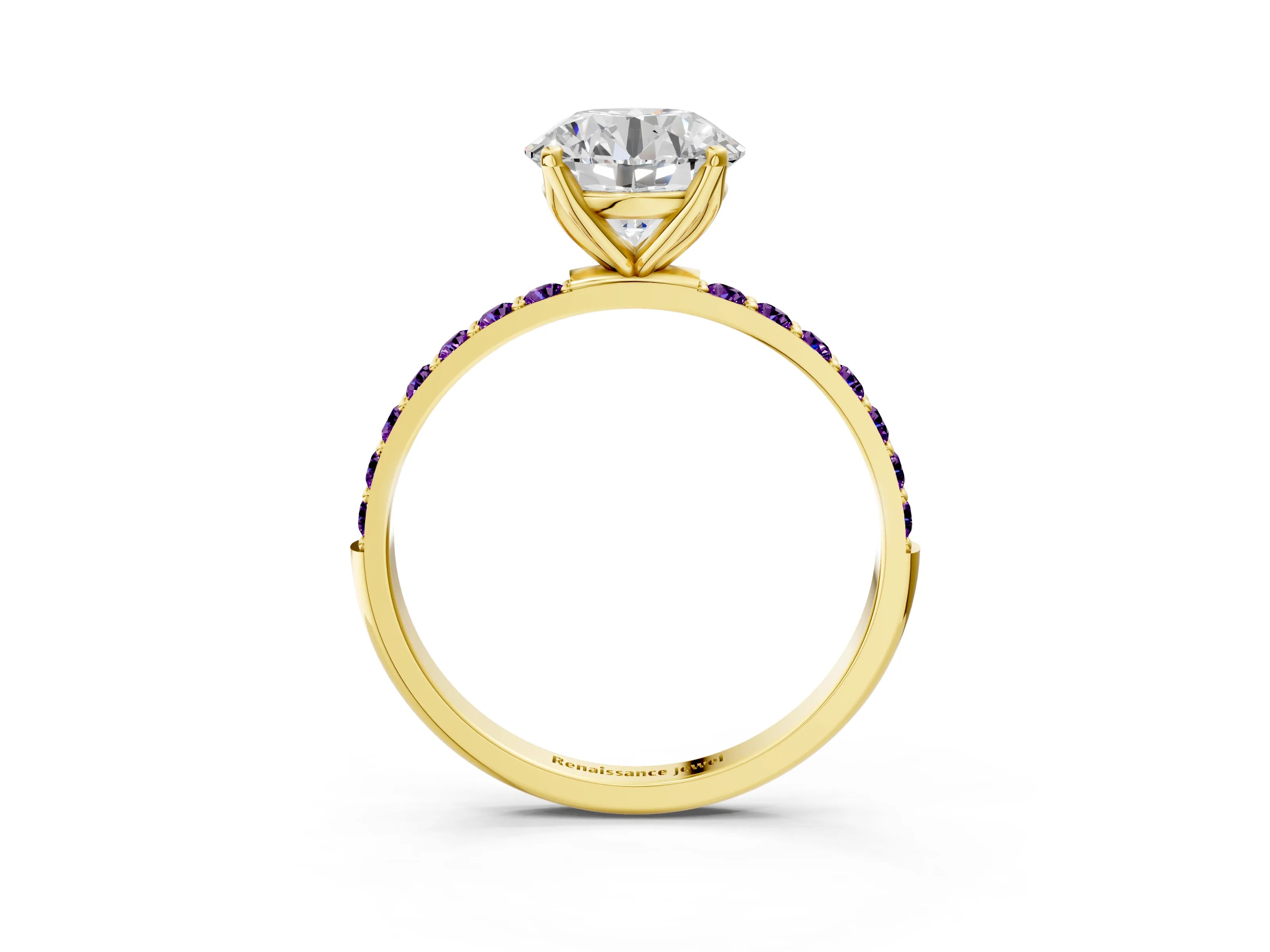 Yellow gold Round Cut Diamond Solitaire Engagement Ring with Round with Amethyst side stone Pavé Band and Prong Setting_3