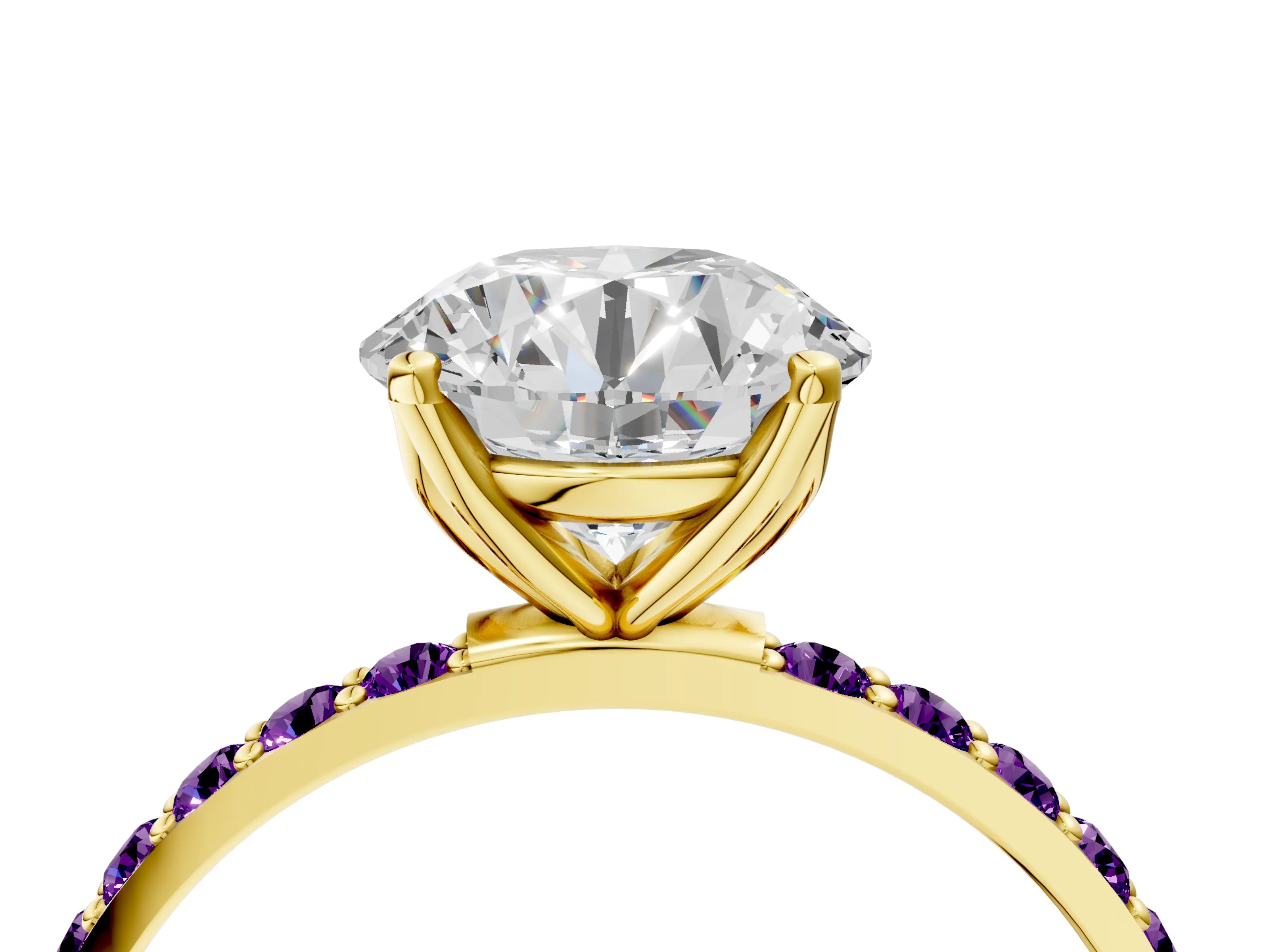 Yellow gold Round Cut Diamond Solitaire Engagement Ring with Round with Amethyst side stone Pavé Band and Prong Setting_4