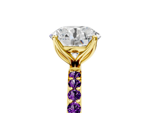 Yellow gold Round Cut Diamond Solitaire Engagement Ring with Round with Amethyst side stone Pavé Band and Prong Setting_5