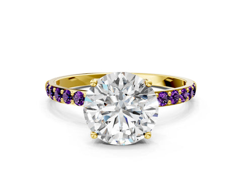 Yellow gold Round Cut Diamond Solitaire Engagement Ring with Round with Amethyst side stone Pavé Band and Prong Setting