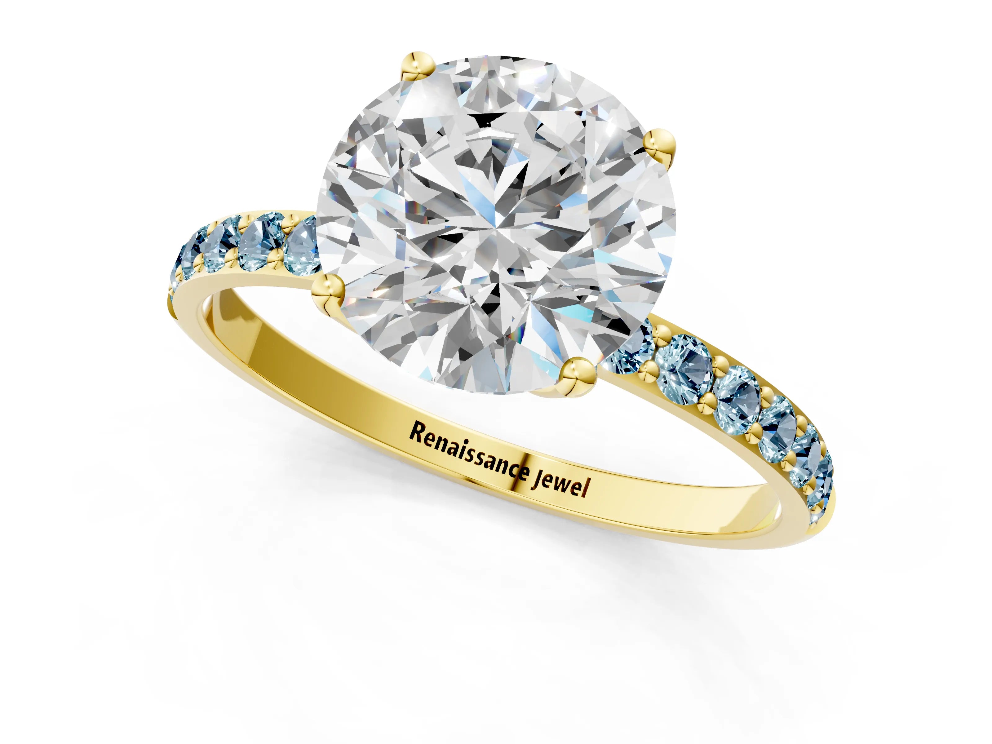 Yellow gold Round Cut Diamond Solitaire Engagement Ring with Round with Aquamarine side stone Pavé Band and Prong Setting_1
