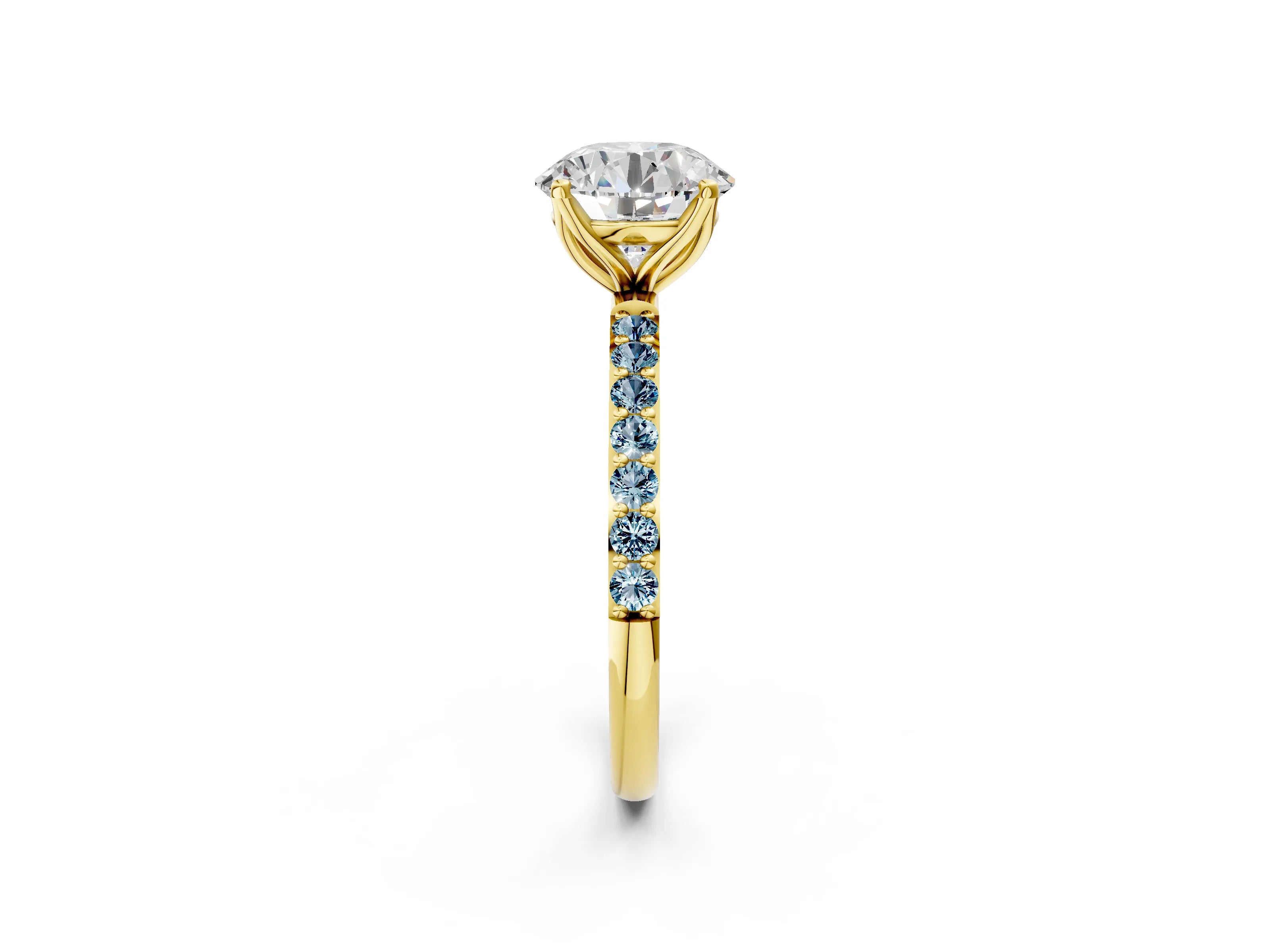 Yellow gold Round Cut Diamond Solitaire Engagement Ring with Round with Aquamarine side stone Pavé Band and Prong Setting_2