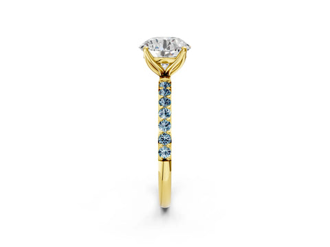 Yellow gold Round Cut Diamond Solitaire Engagement Ring with Round with Aquamarine side stone Pavé Band and Prong Setting_2