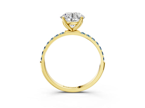 Yellow gold Round Cut Diamond Solitaire Engagement Ring with Round with Aquamarine side stone Pavé Band and Prong Setting_3