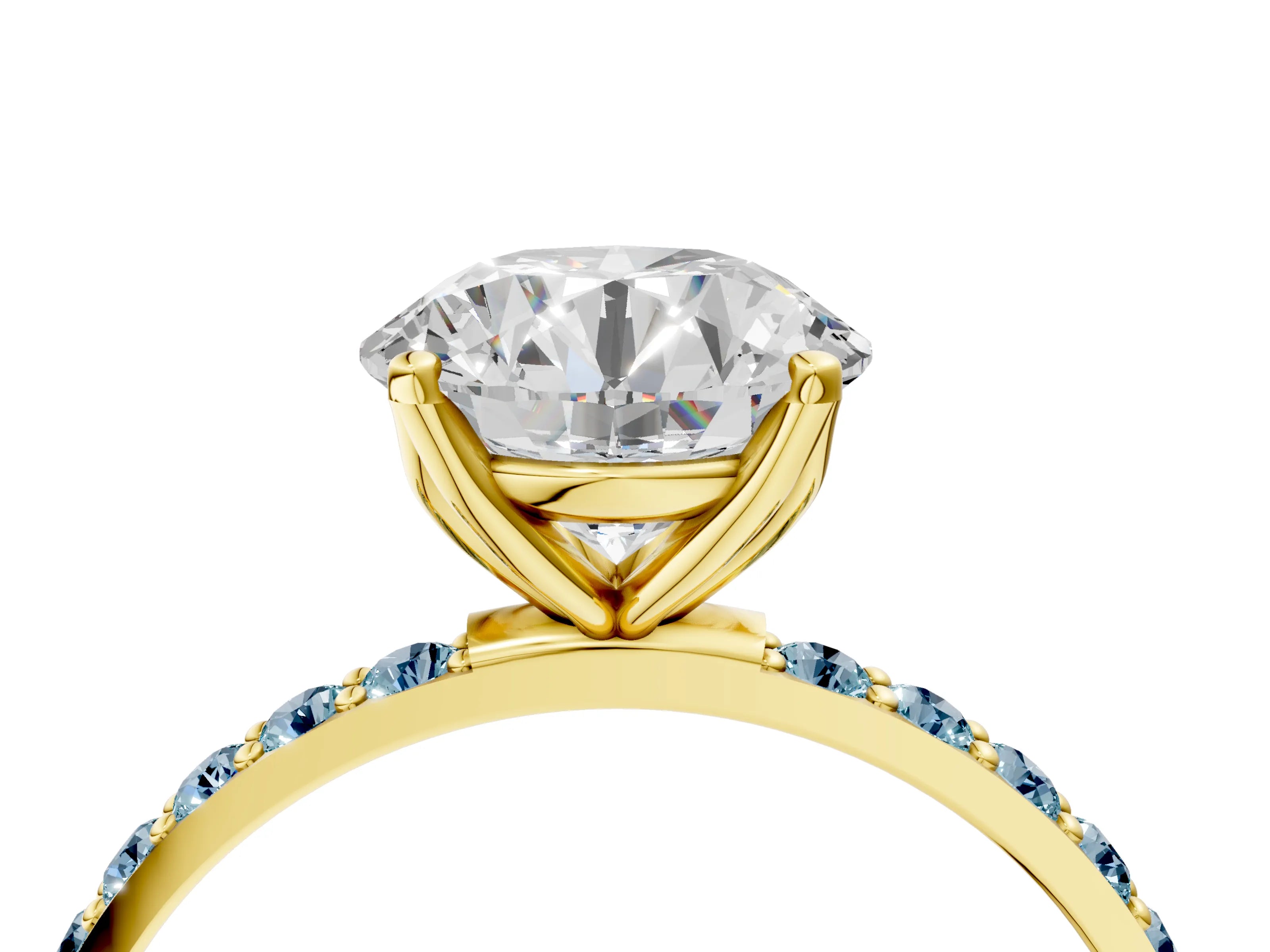 Yellow gold Round Cut Diamond Solitaire Engagement Ring with Round with Aquamarine side stone Pavé Band and Prong Setting_4