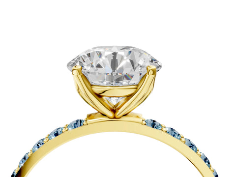 Yellow gold Round Cut Diamond Solitaire Engagement Ring with Round with Aquamarine side stone Pavé Band and Prong Setting_4