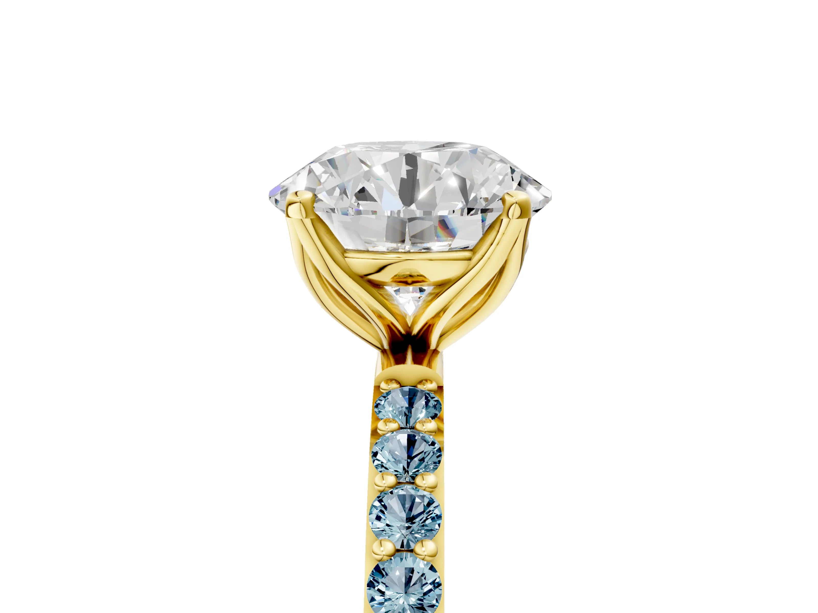 Yellow gold Round Cut Diamond Solitaire Engagement Ring with Round with Aquamarine side stone Pavé Band and Prong Setting_5