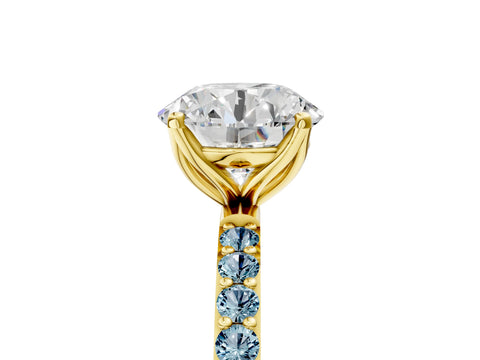 Yellow gold Round Cut Diamond Solitaire Engagement Ring with Round with Aquamarine side stone Pavé Band and Prong Setting_5