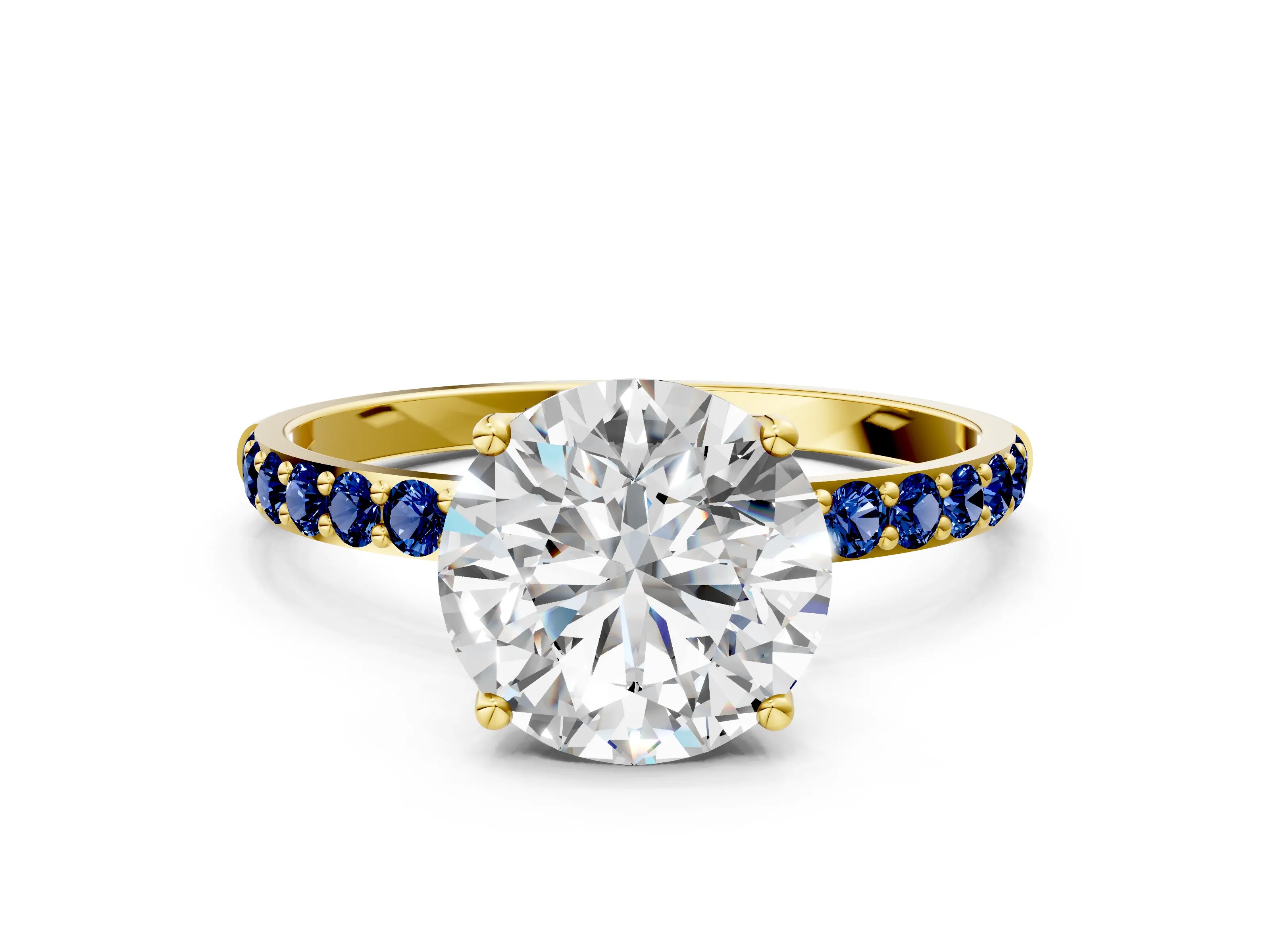 Yellow gold Round Cut Diamond Solitaire Engagement Ring with Round with Blue Sapphire side stone Pavé Band and Prong Setting