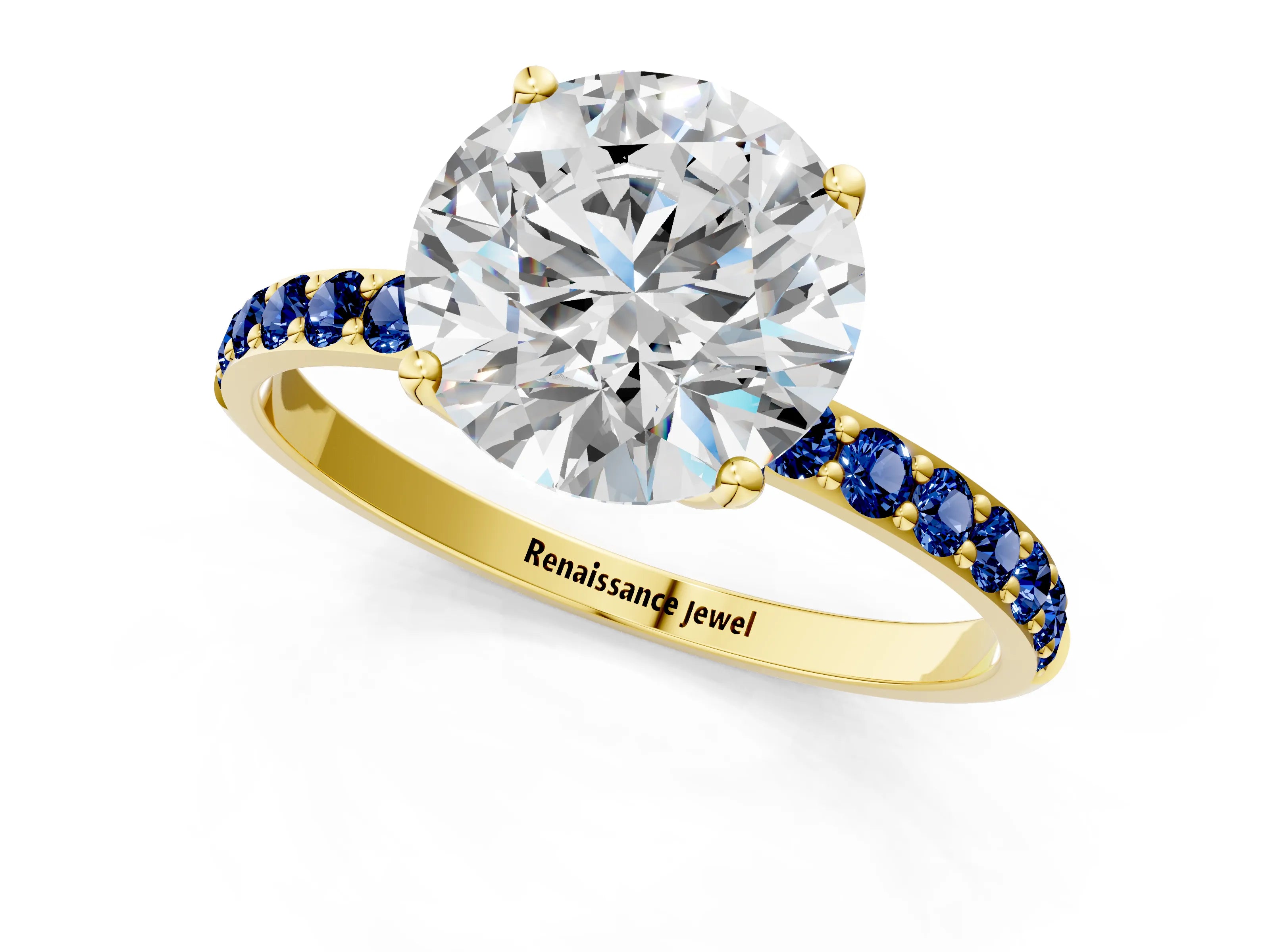 Yellow gold Round Cut Diamond Solitaire Engagement Ring with Round with Blue Sapphire side stone Pavé Band and Prong Setting_1