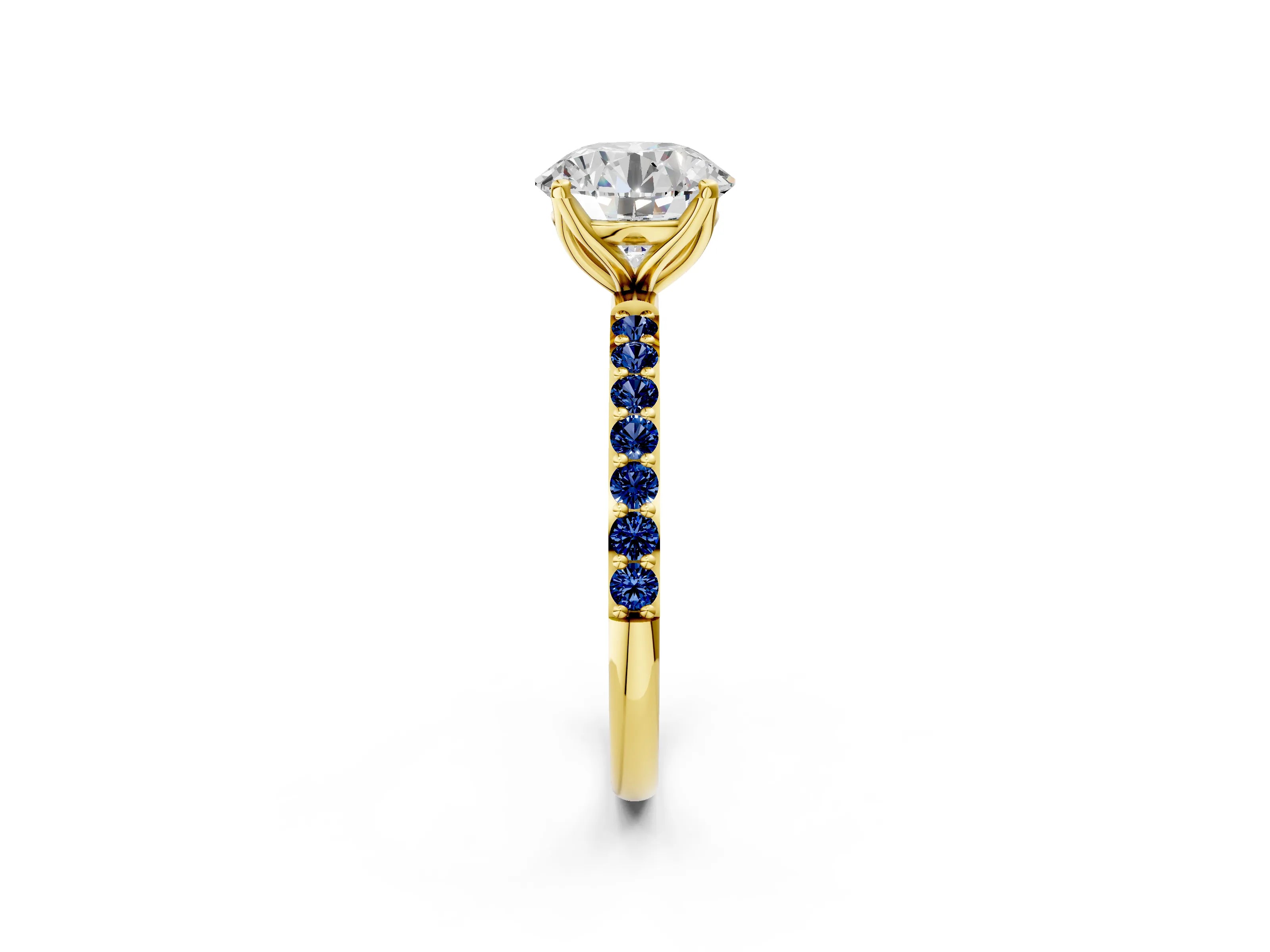 Yellow gold Round Cut Diamond Solitaire Engagement Ring with Round with Blue Sapphire side stone Pavé Band and Prong Setting_2