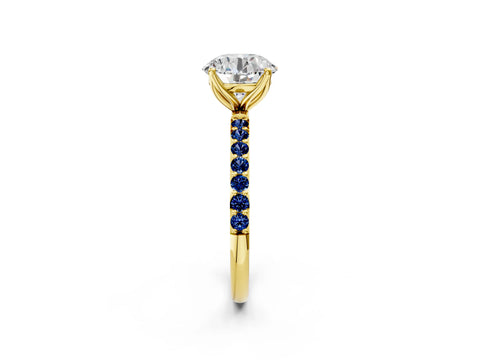 Yellow gold Round Cut Diamond Solitaire Engagement Ring with Round with Blue Sapphire side stone Pavé Band and Prong Setting_2