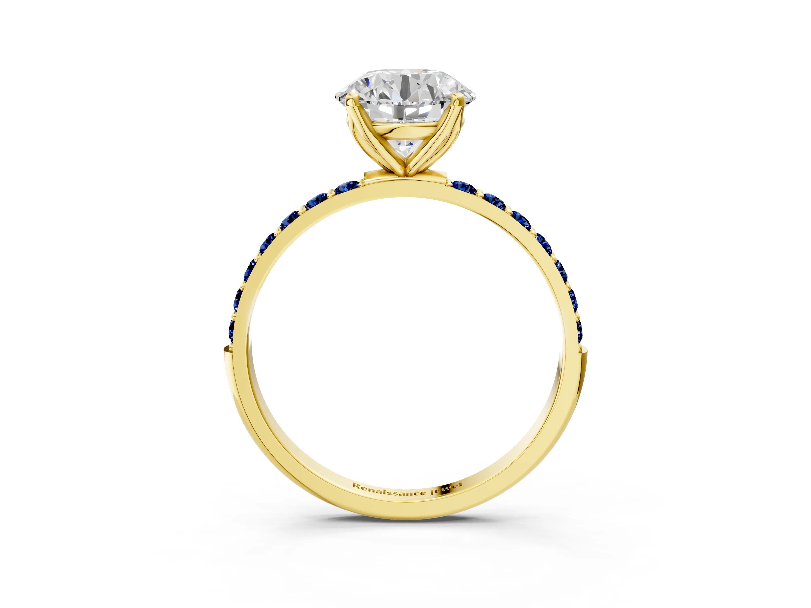 Yellow gold Round Cut Diamond Solitaire Engagement Ring with Round with Blue Sapphire side stone Pavé Band and Prong Setting_3