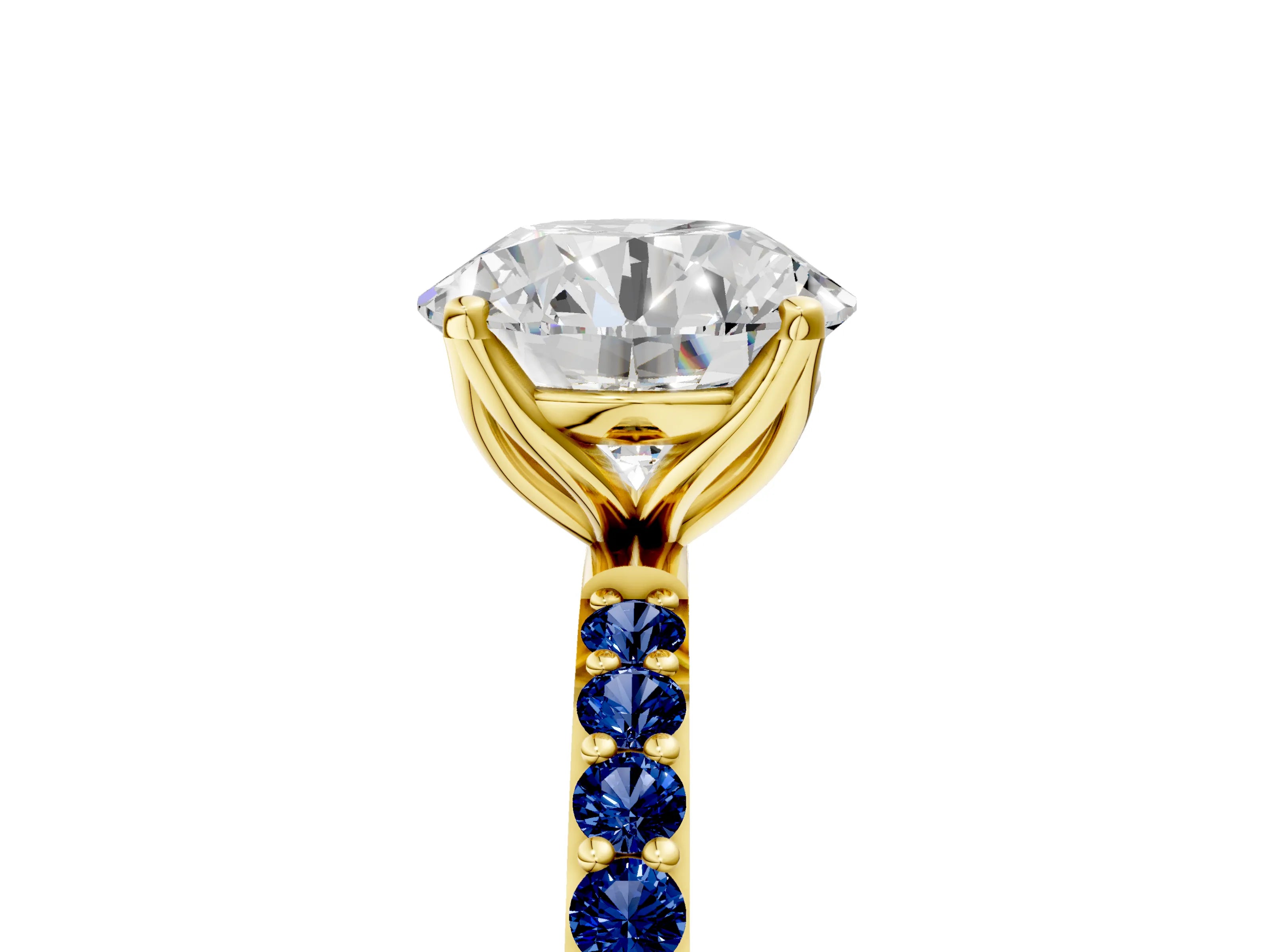 Yellow gold Round Cut Diamond Solitaire Engagement Ring with Round with Blue Sapphire side stone Pavé Band and Prong Setting_5