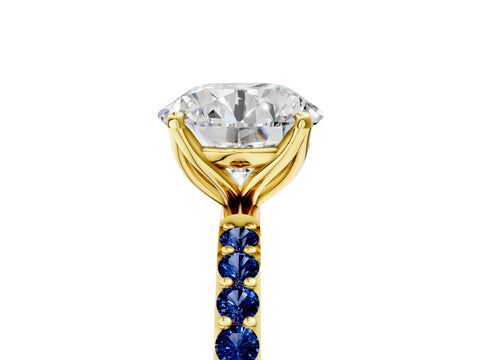 Yellow gold Round Cut Diamond Solitaire Engagement Ring with Round with Blue Sapphire side stone Pavé Band and Prong Setting_5