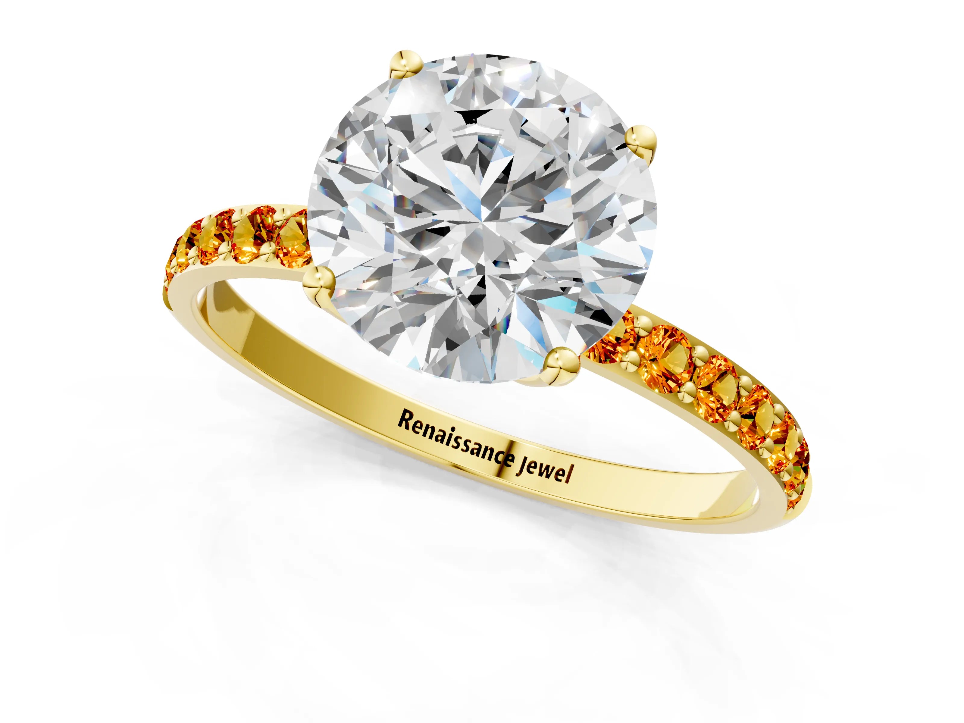 Yellow gold Round Cut Diamond Solitaire Engagement Ring with Round with Citrine side stone Pavé Band and Prong Setting_1