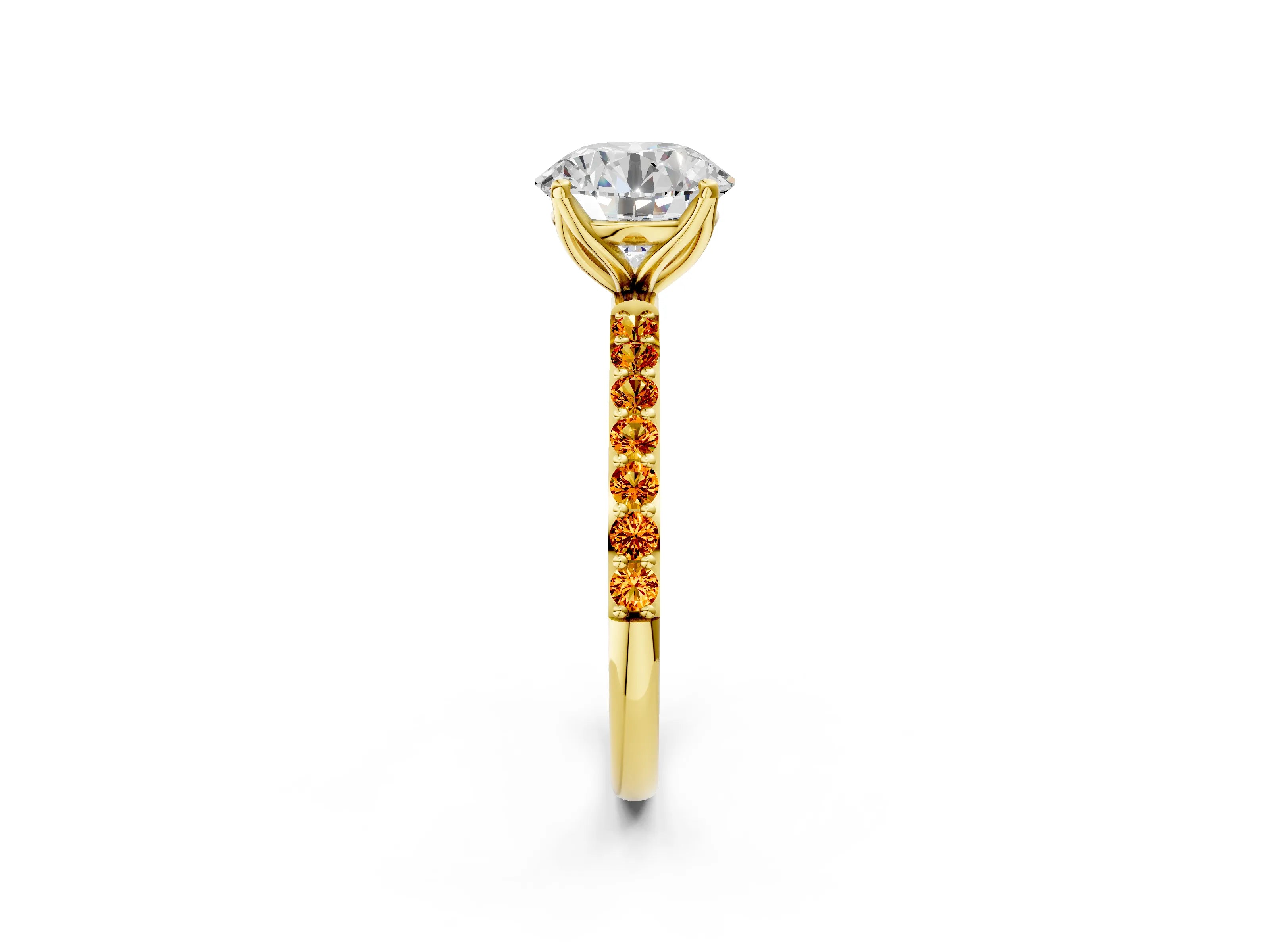 Yellow gold Round Cut Diamond Solitaire Engagement Ring with Round with Citrine side stone Pavé Band and Prong Setting_2
