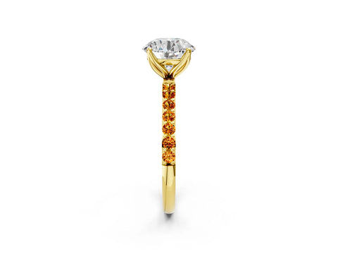 Yellow gold Round Cut Diamond Solitaire Engagement Ring with Round with Citrine side stone Pavé Band and Prong Setting_2