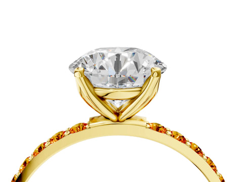 Yellow gold Round Cut Diamond Solitaire Engagement Ring with Round with Citrine side stone Pavé Band and Prong Setting_4