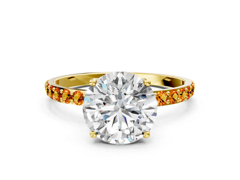 Yellow gold Round Cut Diamond Solitaire Engagement Ring with Round with Citrine side stone Pavé Band and Prong Setting
