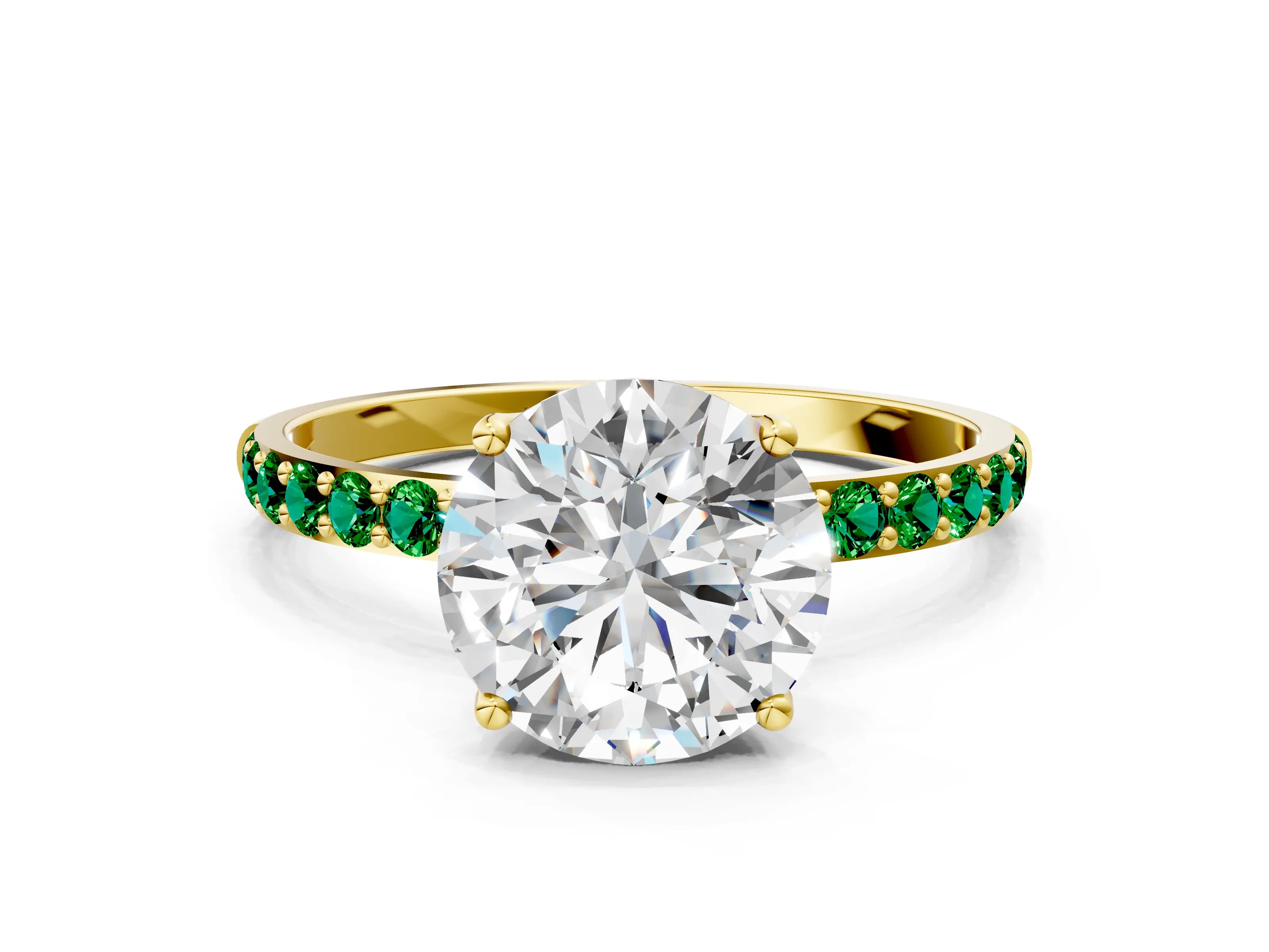 Yellow gold Round Cut Diamond Solitaire Engagement Ring with Round with Emerald side stone Pavé Band and Prong Setting