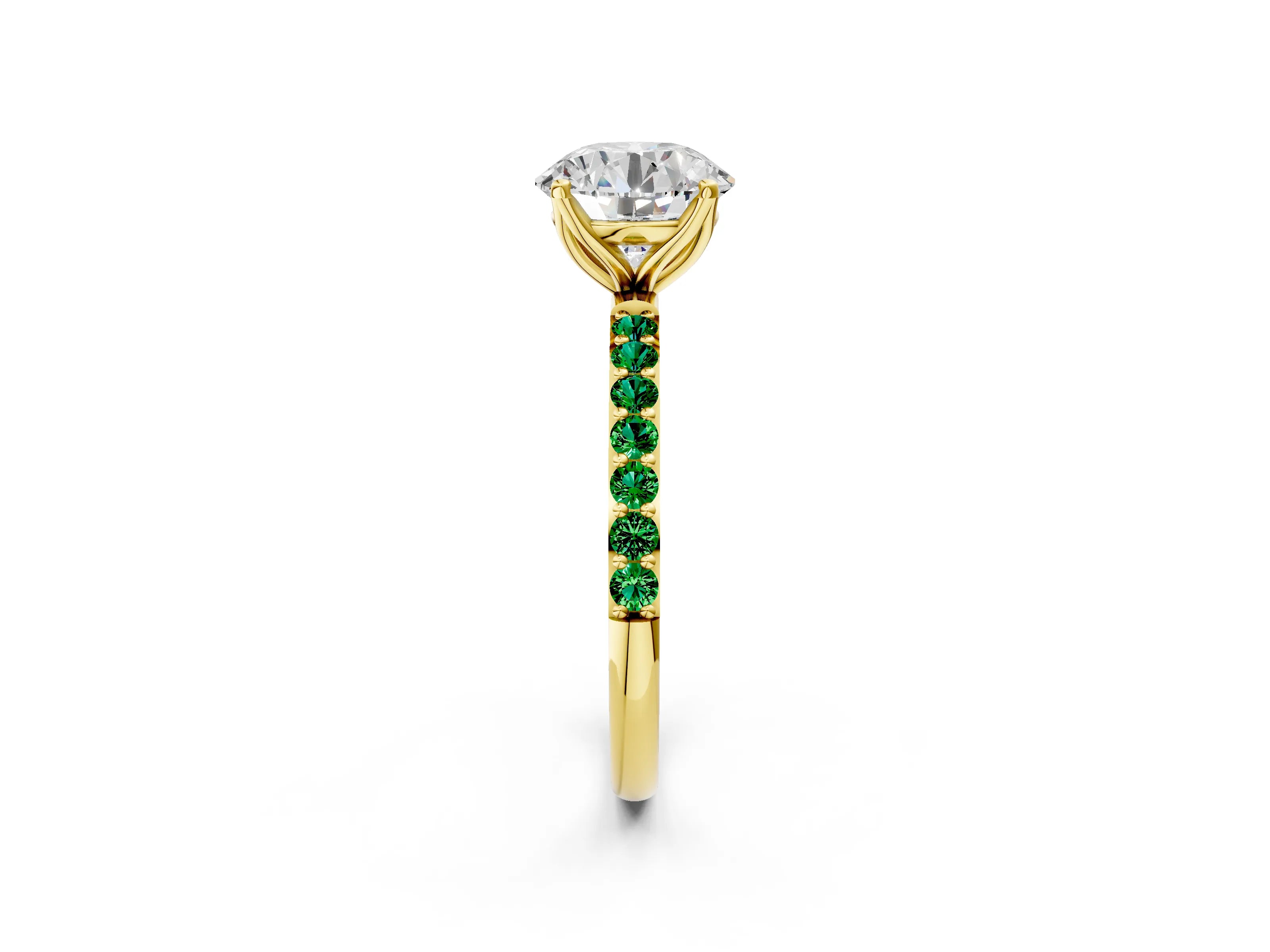 Yellow gold Round Cut Diamond Solitaire Engagement Ring with Round with Emerald side stone Pavé Band and Prong Setting_2