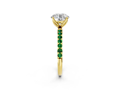 Yellow gold Round Cut Diamond Solitaire Engagement Ring with Round with Emerald side stone Pavé Band and Prong Setting_2