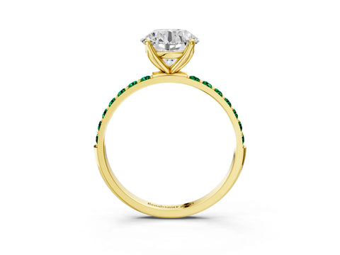 Yellow gold Round Cut Diamond Solitaire Engagement Ring with Round with Emerald side stone Pavé Band and Prong Setting_3