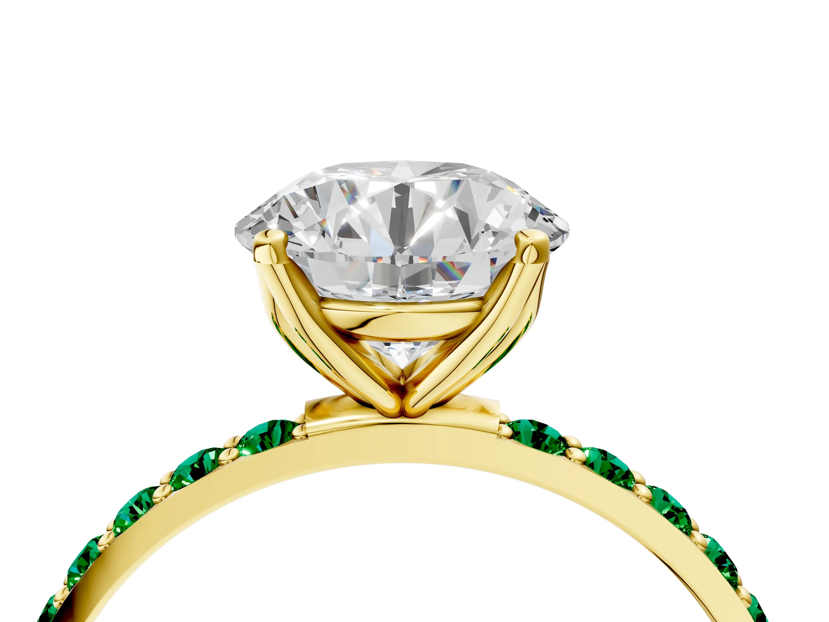 Yellow gold Round Cut Diamond Solitaire Engagement Ring with Round with Emerald side stone Pavé Band and Prong Setting_4