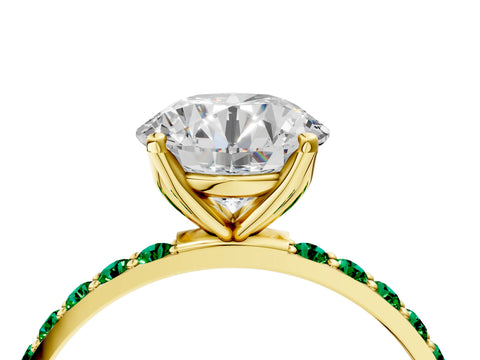 Yellow gold Round Cut Diamond Solitaire Engagement Ring with Round with Emerald side stone Pavé Band and Prong Setting_4