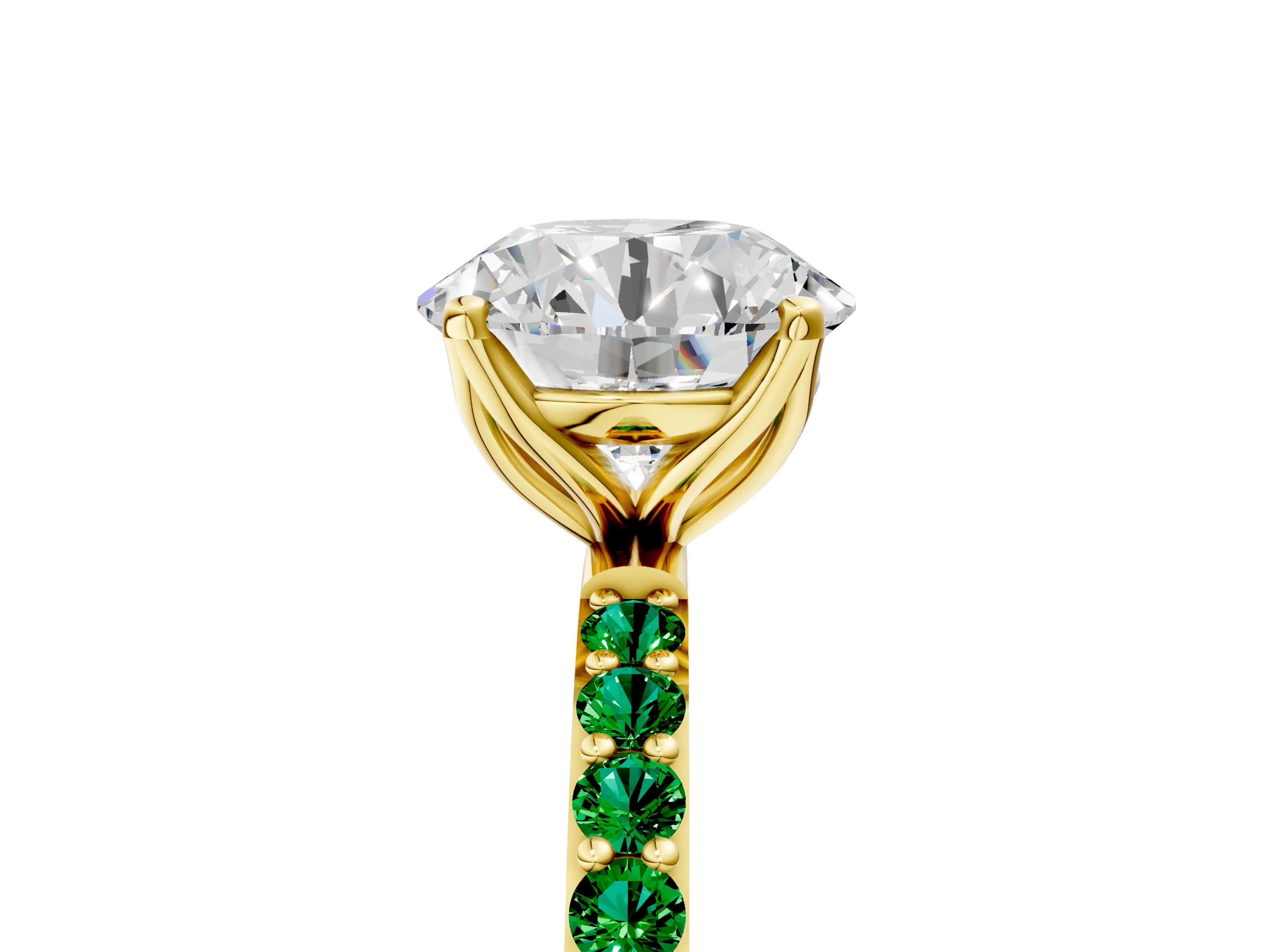 Yellow gold Round Cut Diamond Solitaire Engagement Ring with Round with Emerald side stone Pavé Band and Prong Setting_5