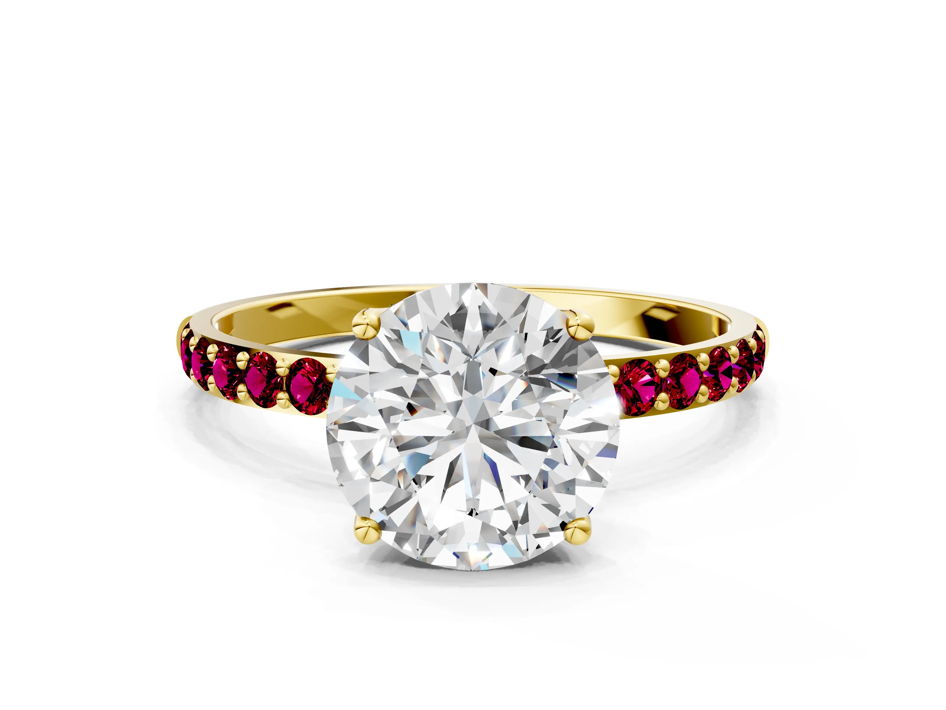 Yellow gold Round Cut Diamond Solitaire Engagement Ring with Round with Garnet side stone Pavé Band and Prong Setting