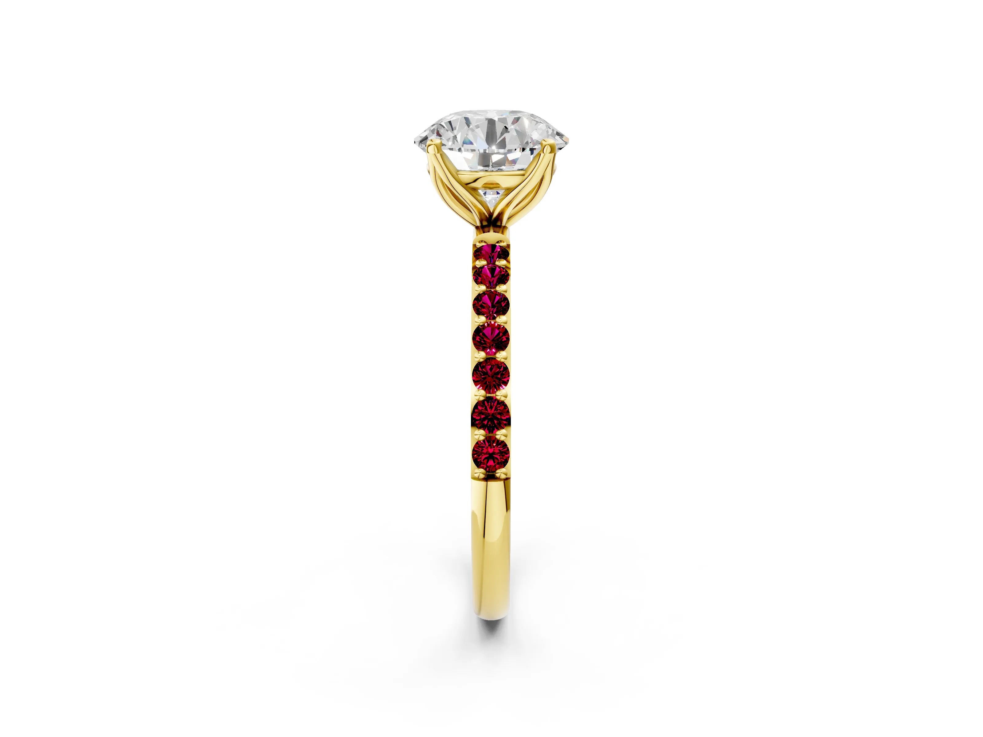 Yellow gold Round Cut Diamond Solitaire Engagement Ring with Round with Garnet side stone Pavé Band and Prong Setting_2