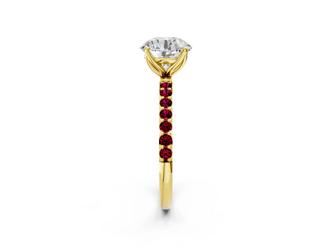 Yellow gold Round Cut Diamond Solitaire Engagement Ring with Round with Garnet side stone Pavé Band and Prong Setting_2