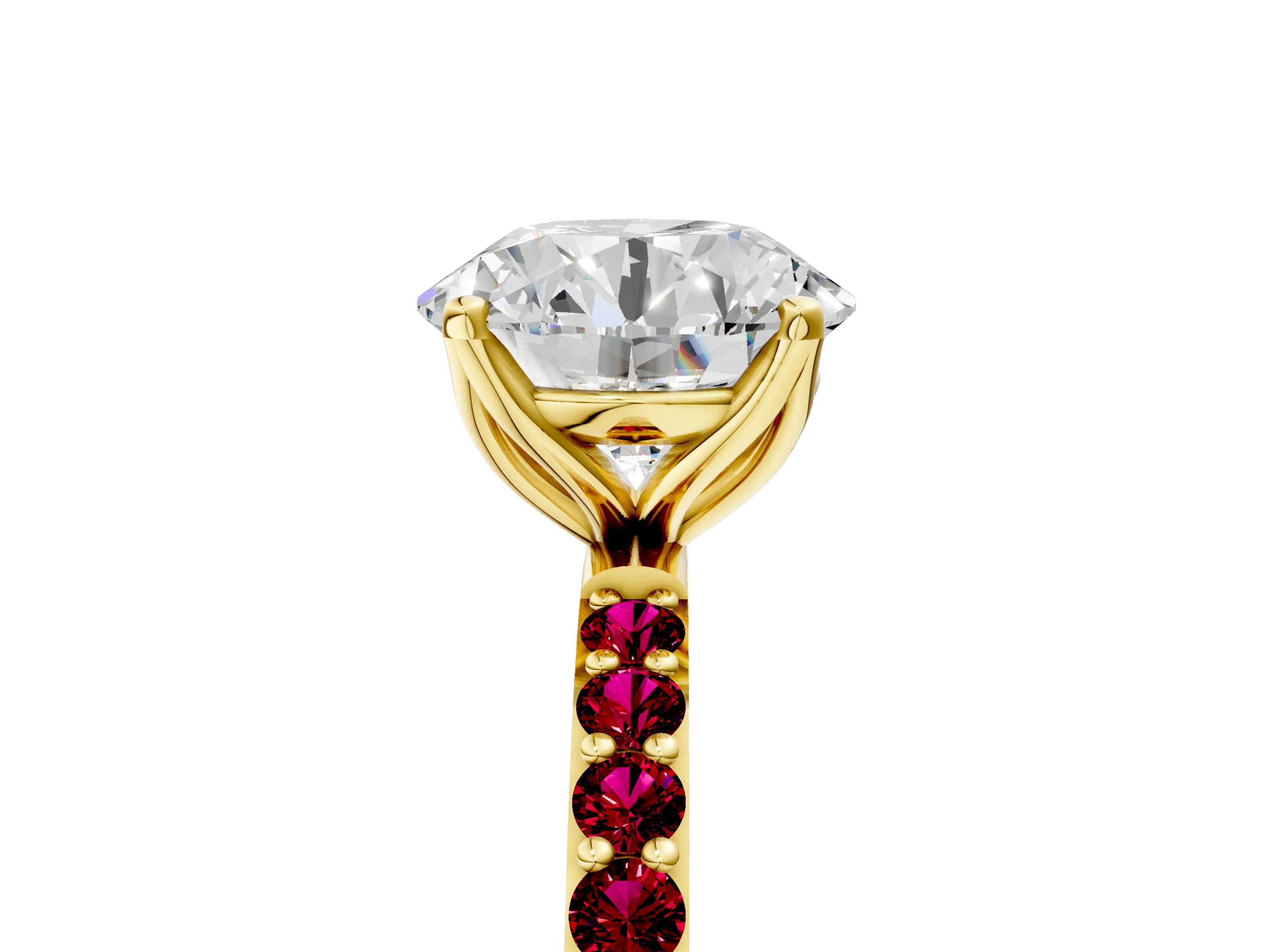 Yellow gold Round Cut Diamond Solitaire Engagement Ring with Round with Garnet side stone Pavé Band and Prong Setting_5