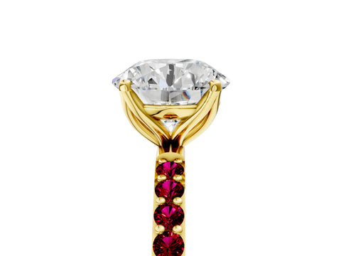 Yellow gold Round Cut Diamond Solitaire Engagement Ring with Round with Garnet side stone Pavé Band and Prong Setting_5