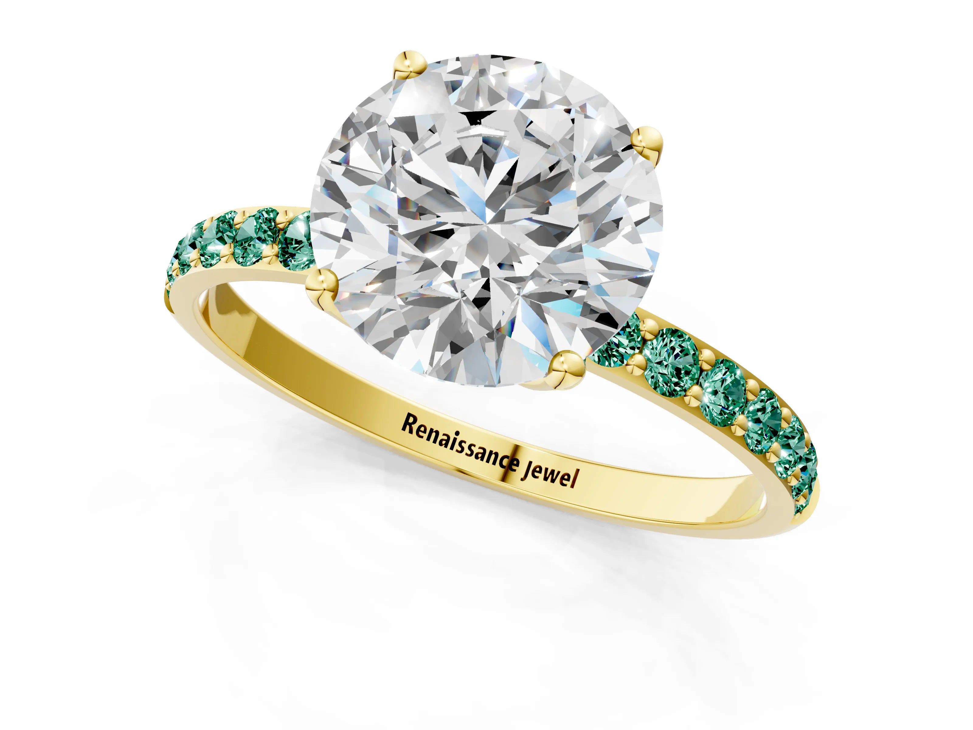 Yellow gold Round Cut Diamond Solitaire Engagement Ring with Round with Green Sapphire side stone Pavé Band and Prong Setting_1