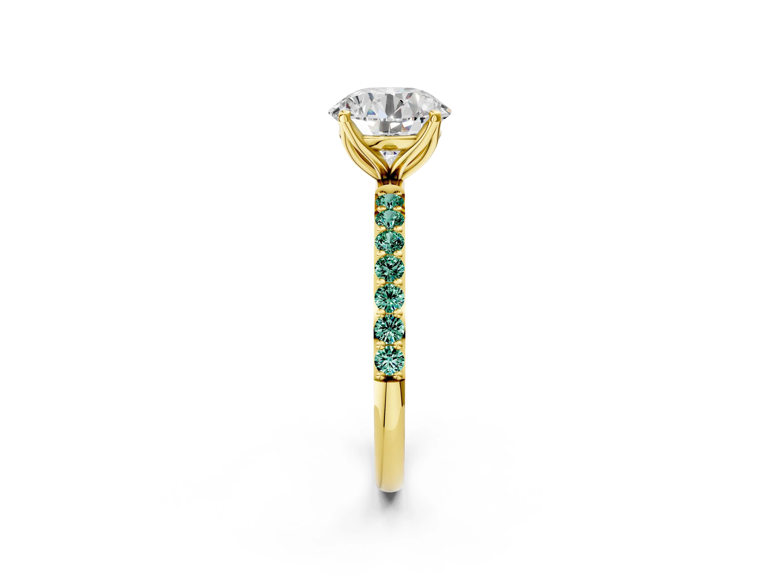 Yellow gold Round Cut Diamond Solitaire Engagement Ring with Round with Green Sapphire side stone Pavé Band and Prong Setting_2