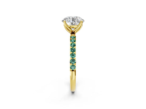 Yellow gold Round Cut Diamond Solitaire Engagement Ring with Round with Green Sapphire side stone Pavé Band and Prong Setting_2